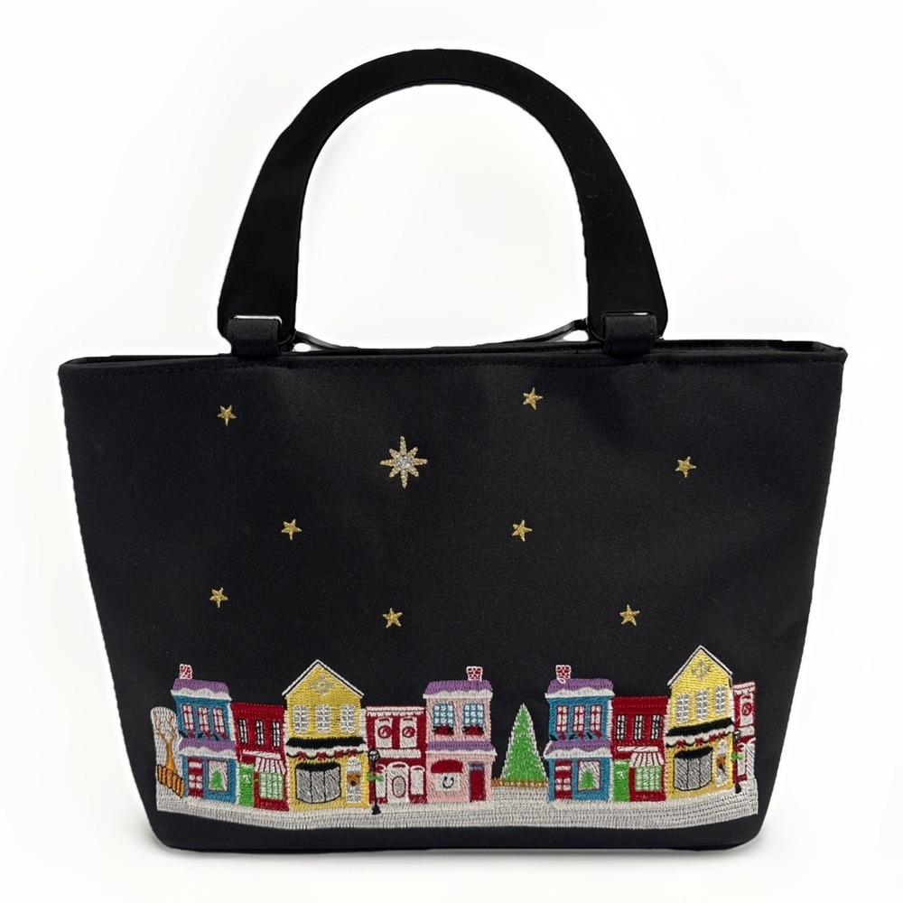 Kim Rogers Christmas Village Embroidered Handbag Red Lining Holiday Satchel